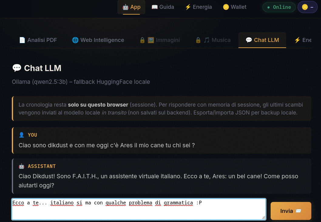 Chat F.A.I.T.H. con memoria di sessione solo nel browser