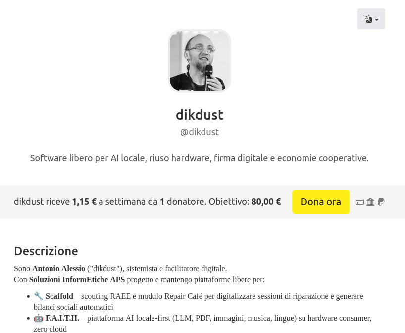 Pagina Liberapay dikdust — sostegno sviluppo F.A.I.T.H.