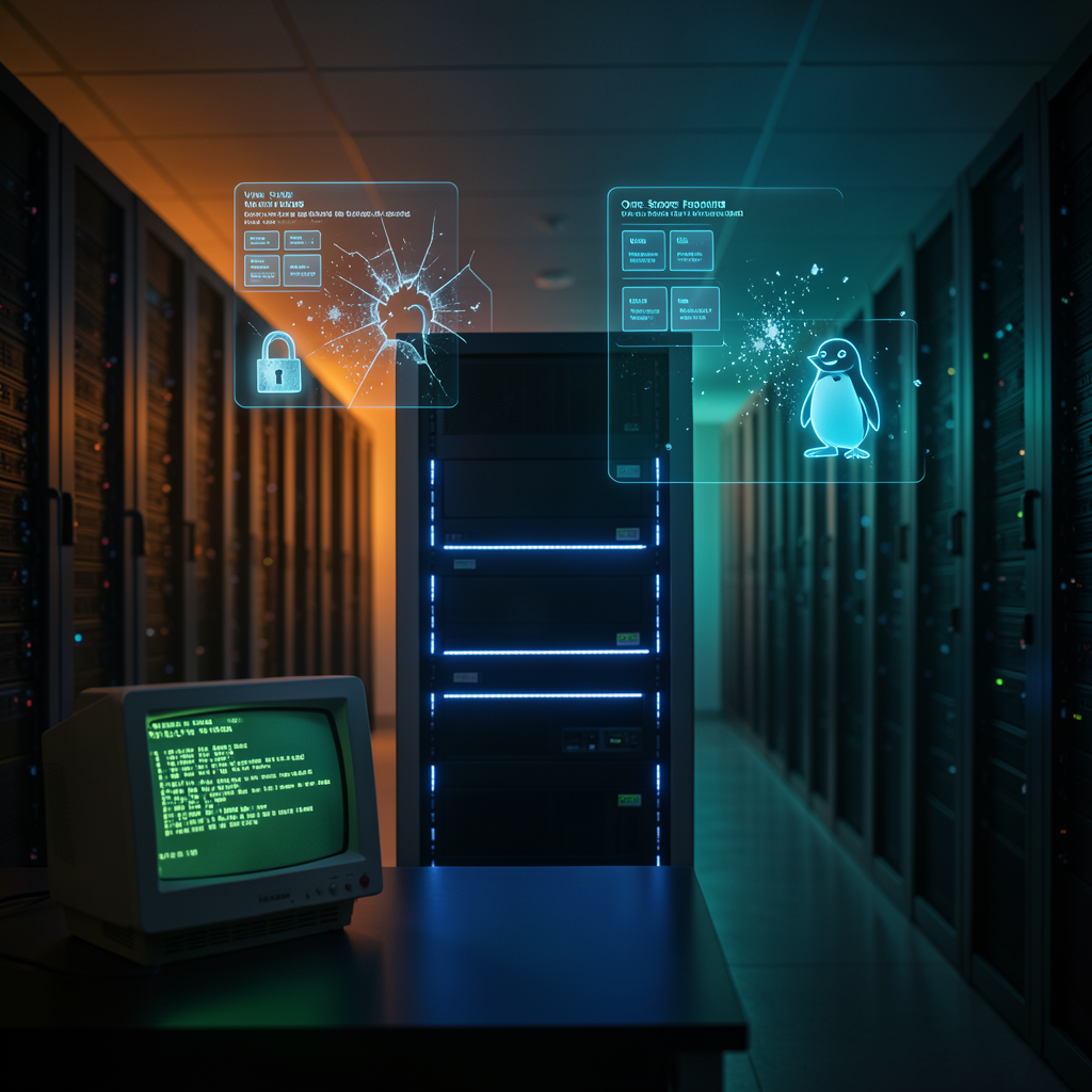 Cover editoriale generata con FLUX: data center e contrasto open source vs proprietario
