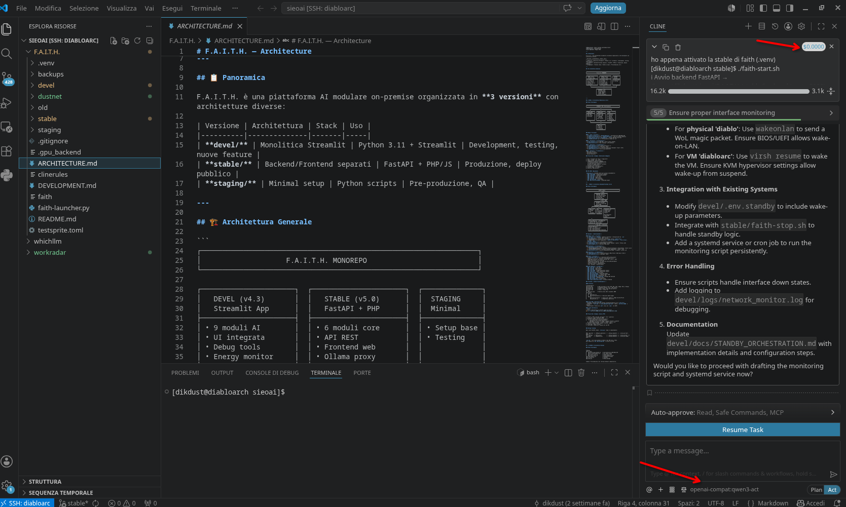 VS Code con Cline attivo su F.A.I.T.H., modello qwen3:8b e diff sul codice del progetto