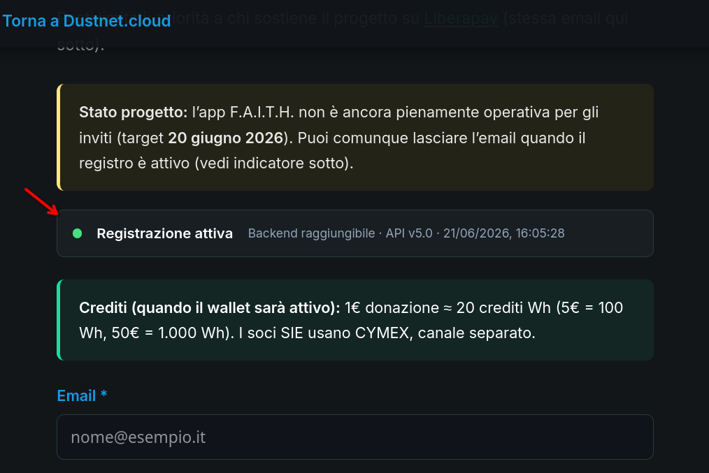 Lista d'attesa F.A.I.T.H. con indicatore verde e form abilitato